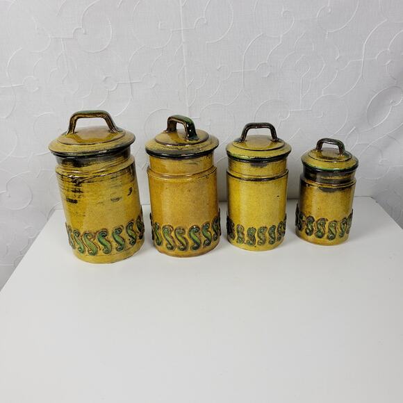 Set of 4 Vintage Baldelli Pottery Ceramic Cookie Canisters with Lid Green Italy - Picture 3 of 13